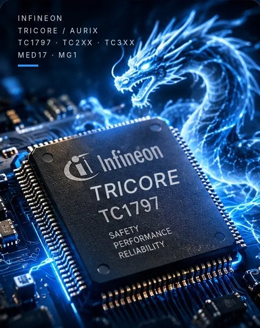 Infineon TriCore TC1797 microcontroller with a blue circuit dragon