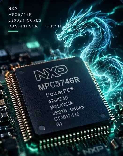 NXP MPC5746R PowerPC microcontroller with a teal circuit dragon