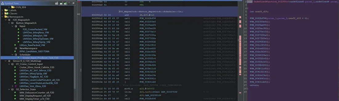 Ghidra with the MapSwitch symbol tree, disassembly and decompiled function